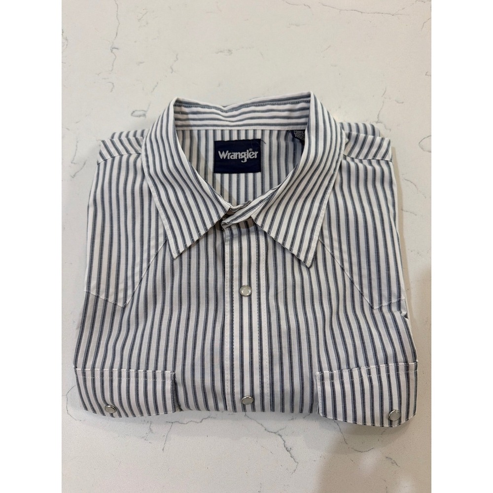 Wrangler Mens Blue Striped Western Snap Shirt XXL Long Sleeve Pearl Snap Yoke - Picture 8 of 8